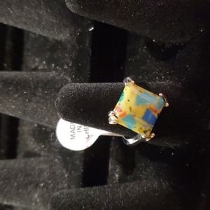 Multi Color Diamond Shaped Stone Silver Ring Size 8